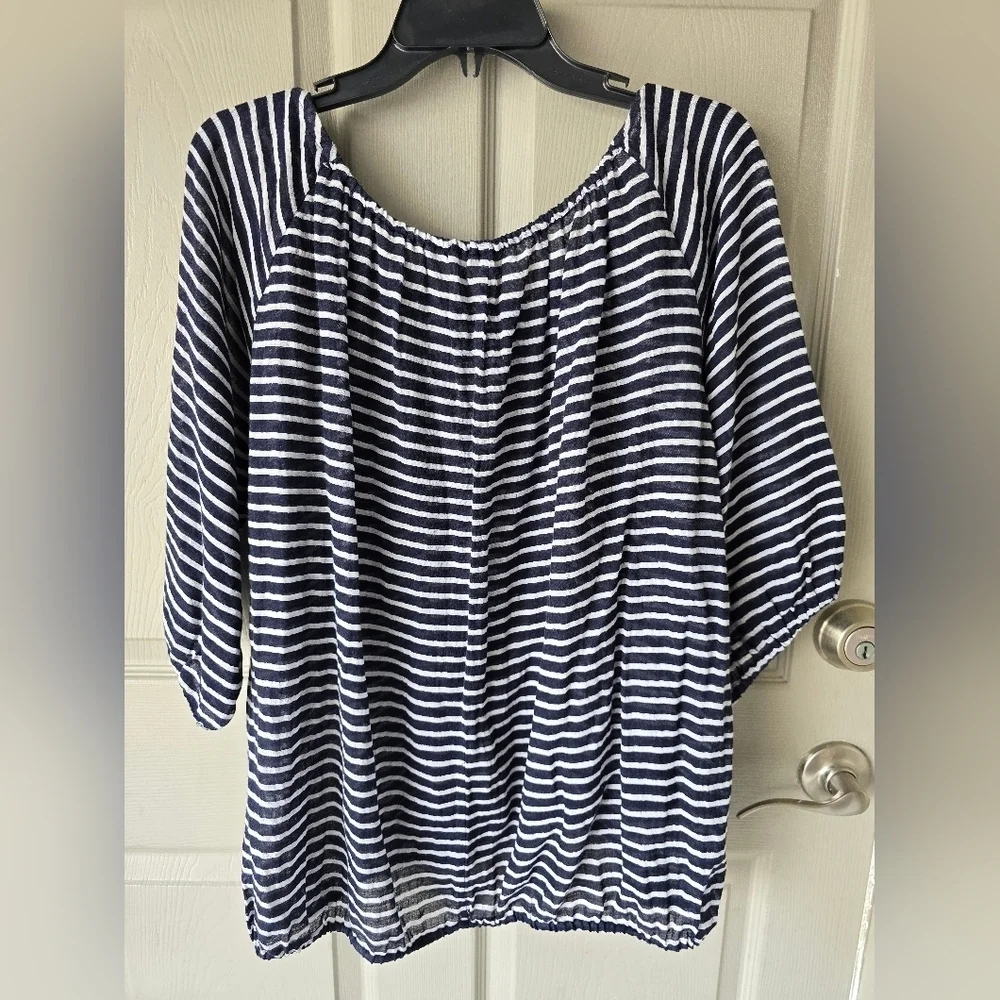 J Crew Sheeer Blouse  Medium Women Navy Blue White Striped Cotton See Thru